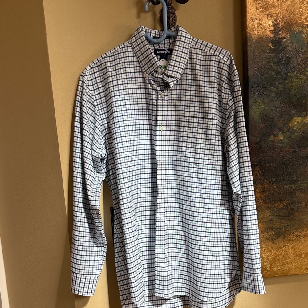 Lands' End Men's White and Blue Plaid Shirt